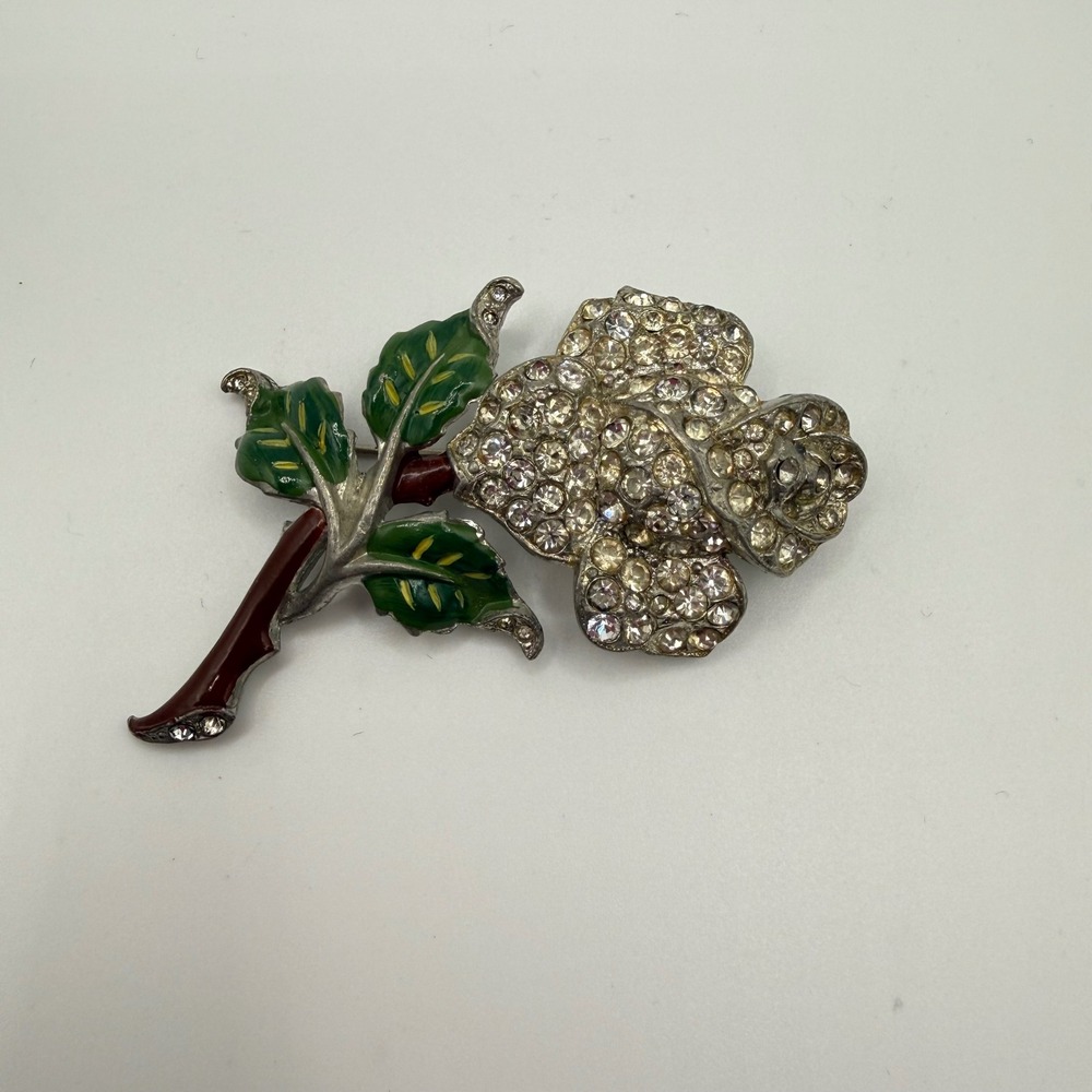 Vintage Art Deco Era Coro Rhinestone Brooch Enamel Floral Mid Century Pot Metal